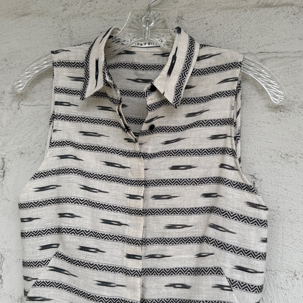 Alice + Olivia Isabelle Tribal Sleeveless Linen Shirt Dress Beige/Black Small - Picture 5 of 12